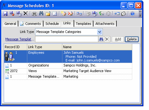 Message Schedule Record - Links Tab