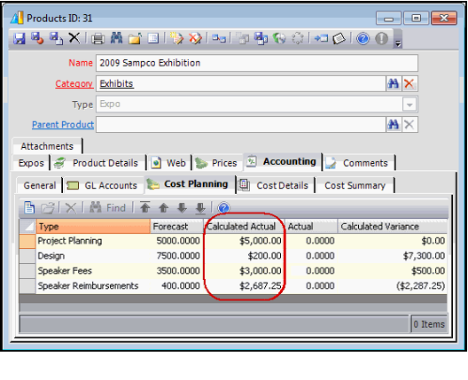 Cost Planning Tab - Calculated Actual Column