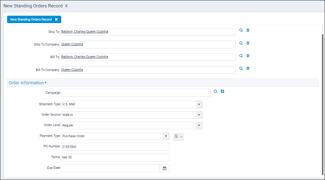 Entering Standing Orders Aptify Support