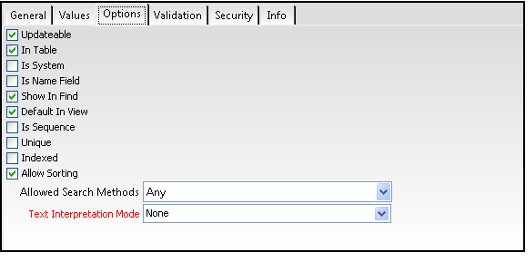 Fields Record - Options Tab