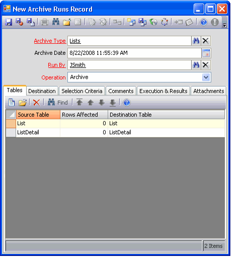 Archive Runs Form Tables Tab