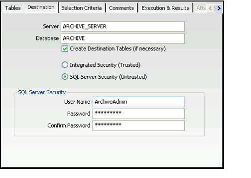 Archive Run Form Destination Tab