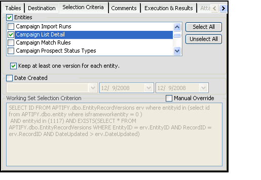 Selection Criteria for Record History Archive