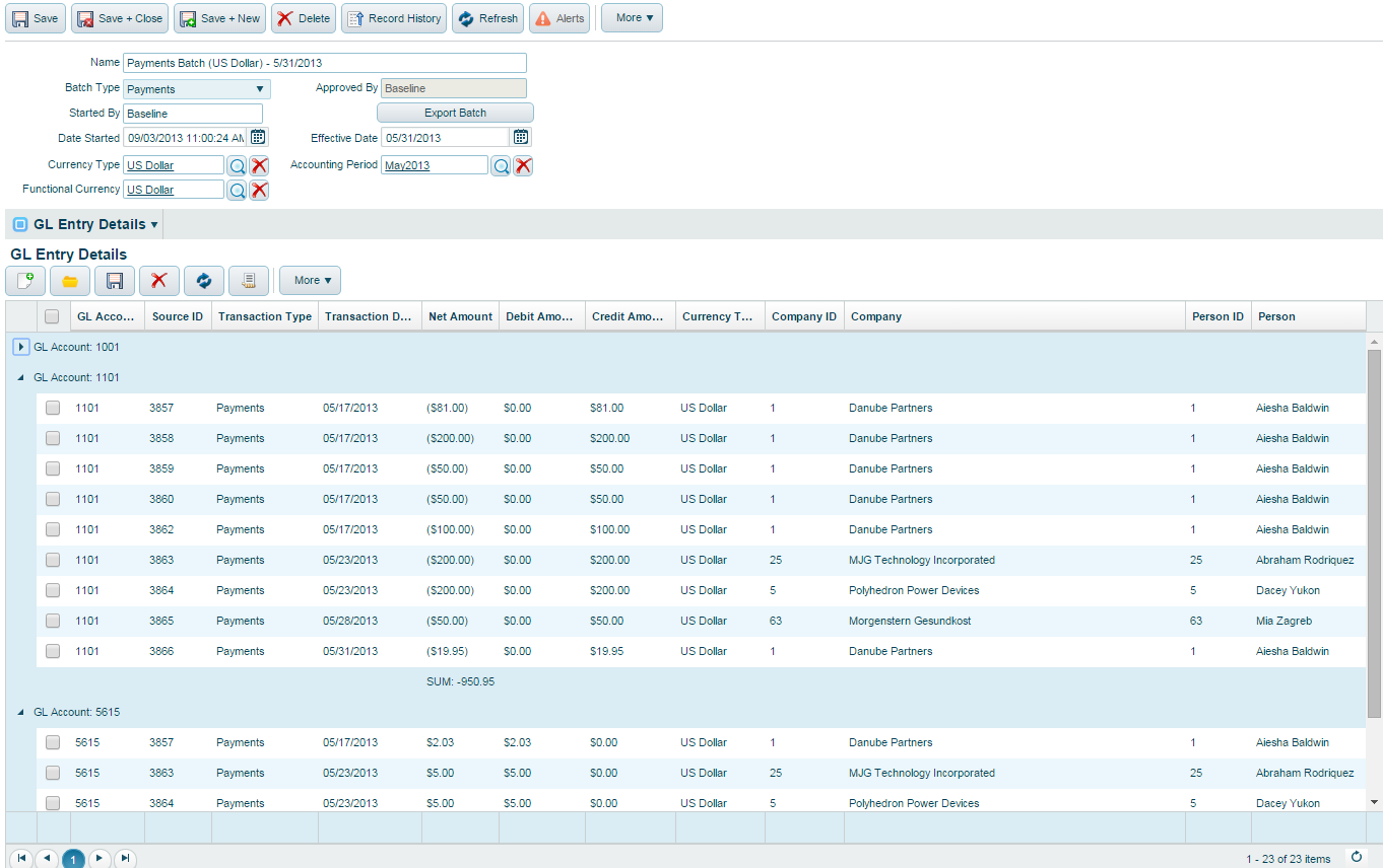 Aptify Web Interface Batches Form With GL Entries Details Tab