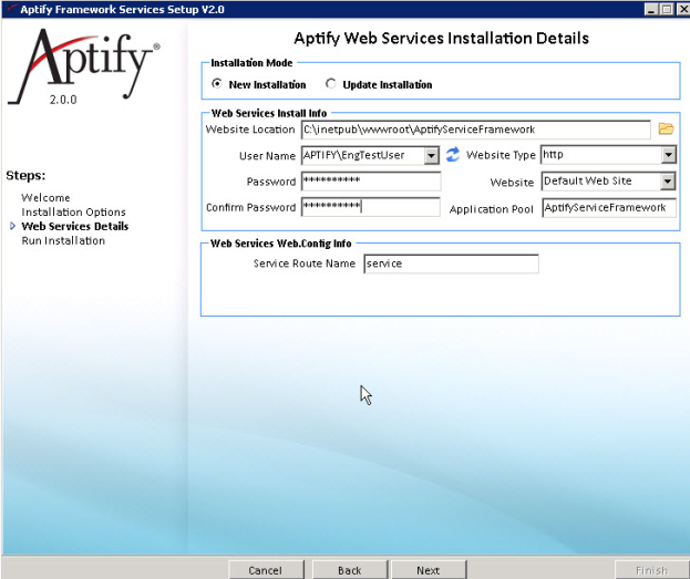 Service Installation Details Screen 2
