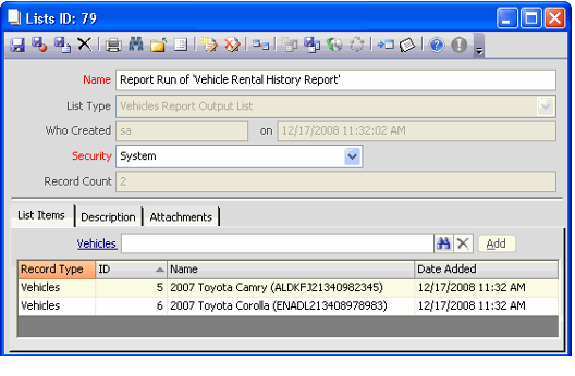 Lists Record Generated for a Report