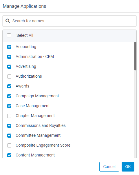 Manage Applications Pop-Up window