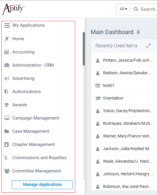 Aptify 6.0 Applications and Services Menu