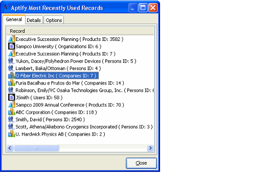 Most Recently Used Records General Tab