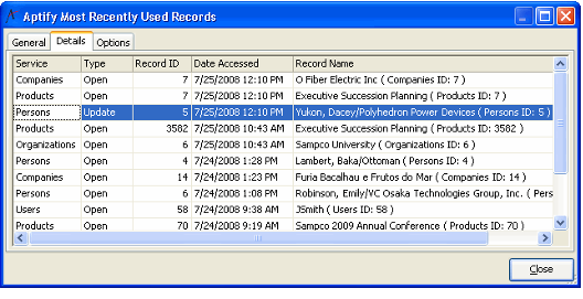 Most Recently Used Records Details Tab