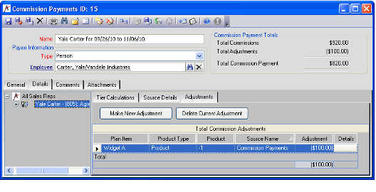 Adjustments sub-tab on Commission Payments Record