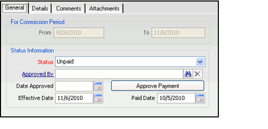 General Tab for Commission Payment Record