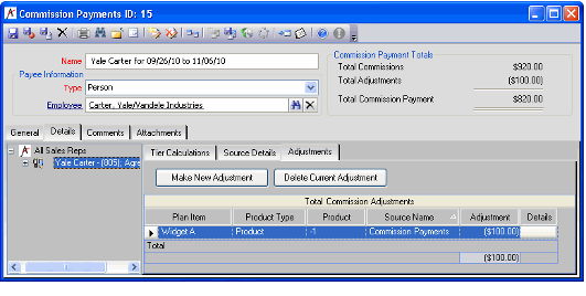 Adjustments Sub-Tab on Commission Payments