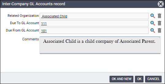 Inter-company Generic Ledger (GL) accounts are only necessary when an organization is set up with more than one level. If only one Organizations record is created and used in the system, these are not necessary. However, when an organizational hierarchy is used, GL accounts must be linked to the correct organization so each organization may maintain separate general ledgers, and cash taken in flows to the correct organization ledger. Inter-Company GL Accounts records may only be created from the Inter-Company GL Accounts tab on the Organizations record. For more information on how to set up and use Inter-Company GL accounts, see Setting Up Multi-Entity Accounts. Inter-Company GL Accounts Form Related Organization The associated organization for which balances are recognized. This field is linked to the Organizations service. Due To GL Account The liability account used to recognize balances to the organization noted in the Related Organization field. The value is chosen from a list of all GL accounts set up in the system. Due From GL Account The asset account used to receive balances from the organization noted in the Related Organization field. The value is chosen from a list of all GL accounts set up in the system. Comments The Comments field contains any additional details relevant to the Inter-Company GL Accounts record.
