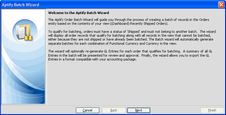 Aptify Batch Wizard Welcome Page