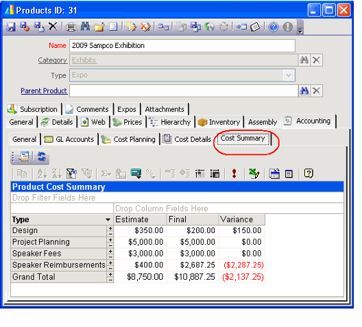 Cost Summary Tab