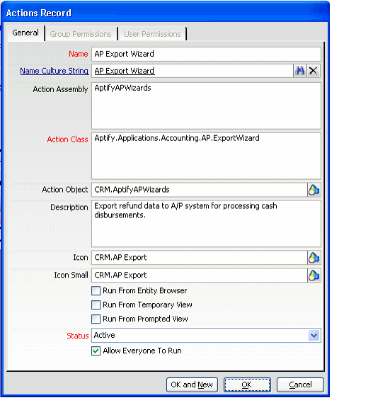 Actions - AP Export Wizard