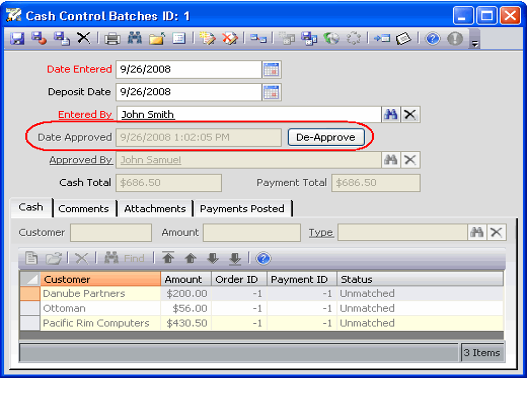 Approved Cash Control Batch
