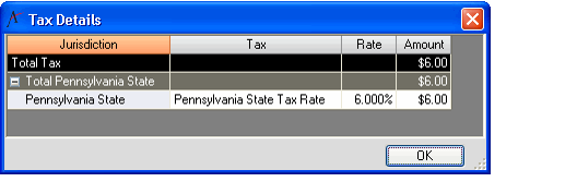 Tax Details Window for Pennsylvania Order