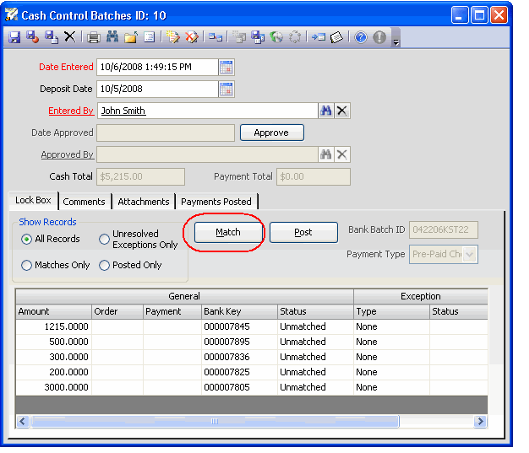 Cash Control Batch - Lock Box Tab
