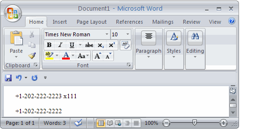 Copied Phone Number Pasted into MS Word