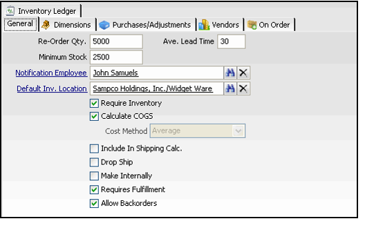 Inventory General SubTab 