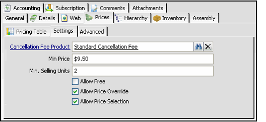 Prices -Settings Tab