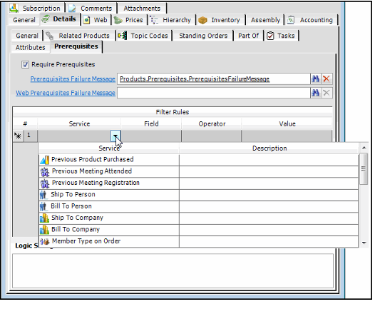 Prerequisites Sub-tab With Service Drop-down Selected 