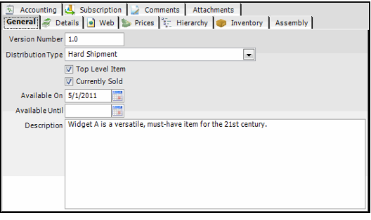 Products Record General Tab