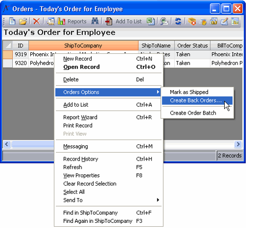 Orders Options View Menu