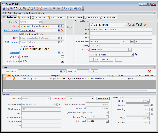 Orders Form in Aptify Desktop Client