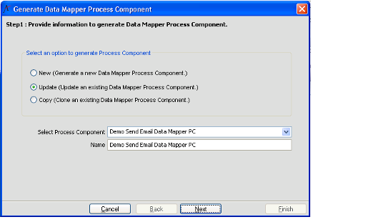 Generate Data Mapper Process Component Wizard Update Option