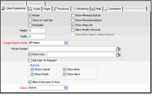 Wizard's User Experience Tab