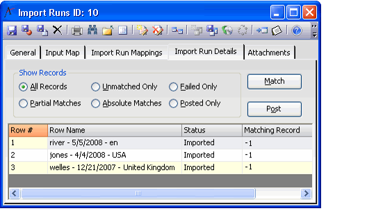 Import Run Details Tab