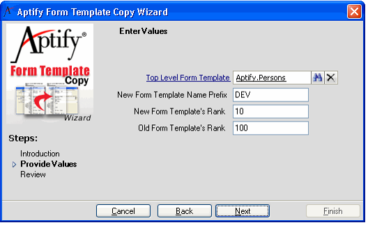 Enter Values for Wizard