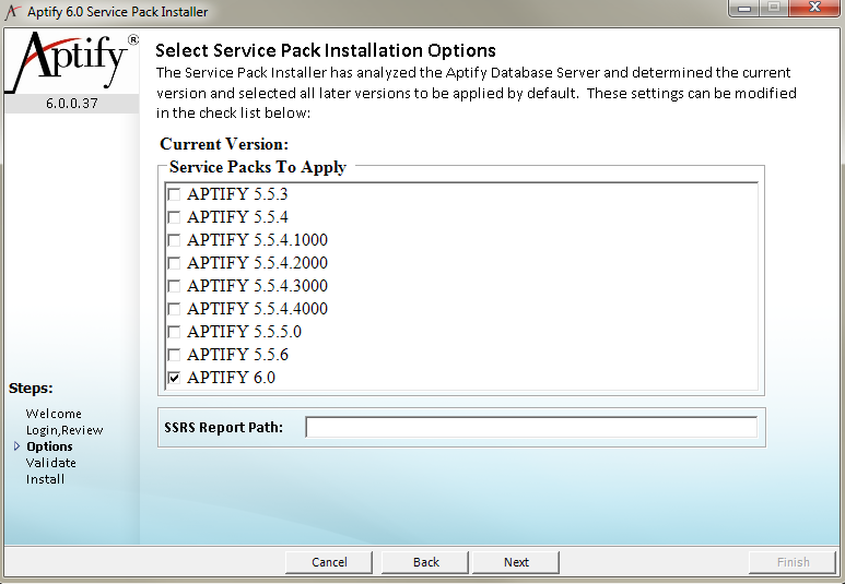 Service Packs Options Page